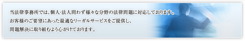 当法律事務所では、個人・法人問わず様々な分野の法律問題に対応しております。お客様のご要望にあった最適なリーガルサービスをご提供し、問題解決に取り組むよう心がけております。